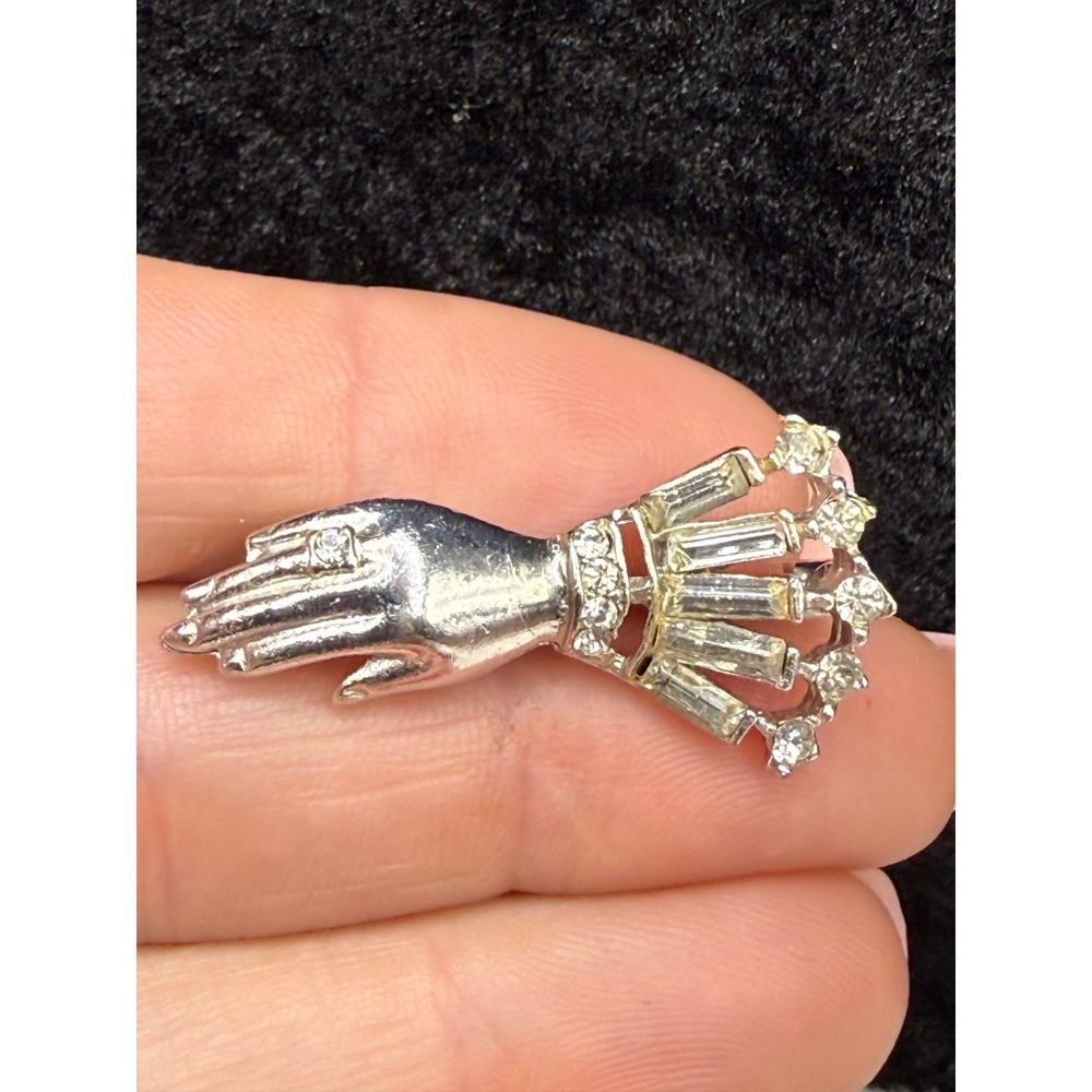 Vintage Hand Brooch Silver Tone Rhinestone